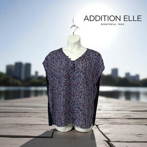 Addition Elle, Floral Mixed-Media Blouse, Plus Size 1X, Navy & Colors
